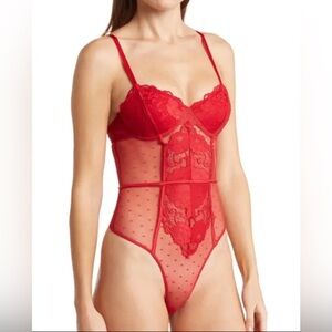 Honeydew Intimates Red Louisa Lace Dot Mesh Teddy Bodysuit Size Large (8…
